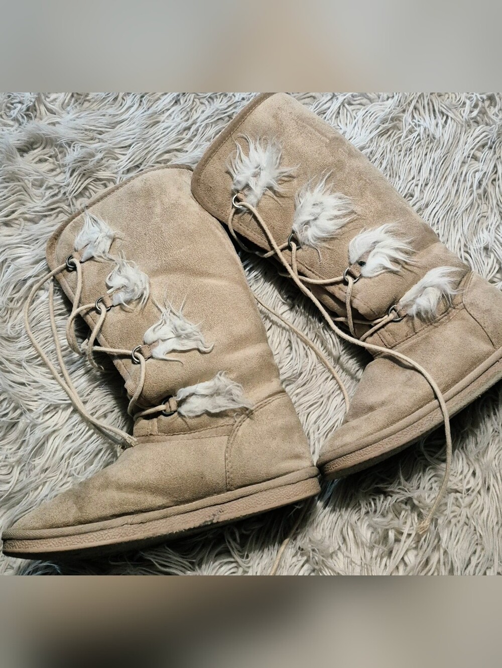 JustFab Tan Faux Suede Lace-Up Winter Boots with White Fur Trim